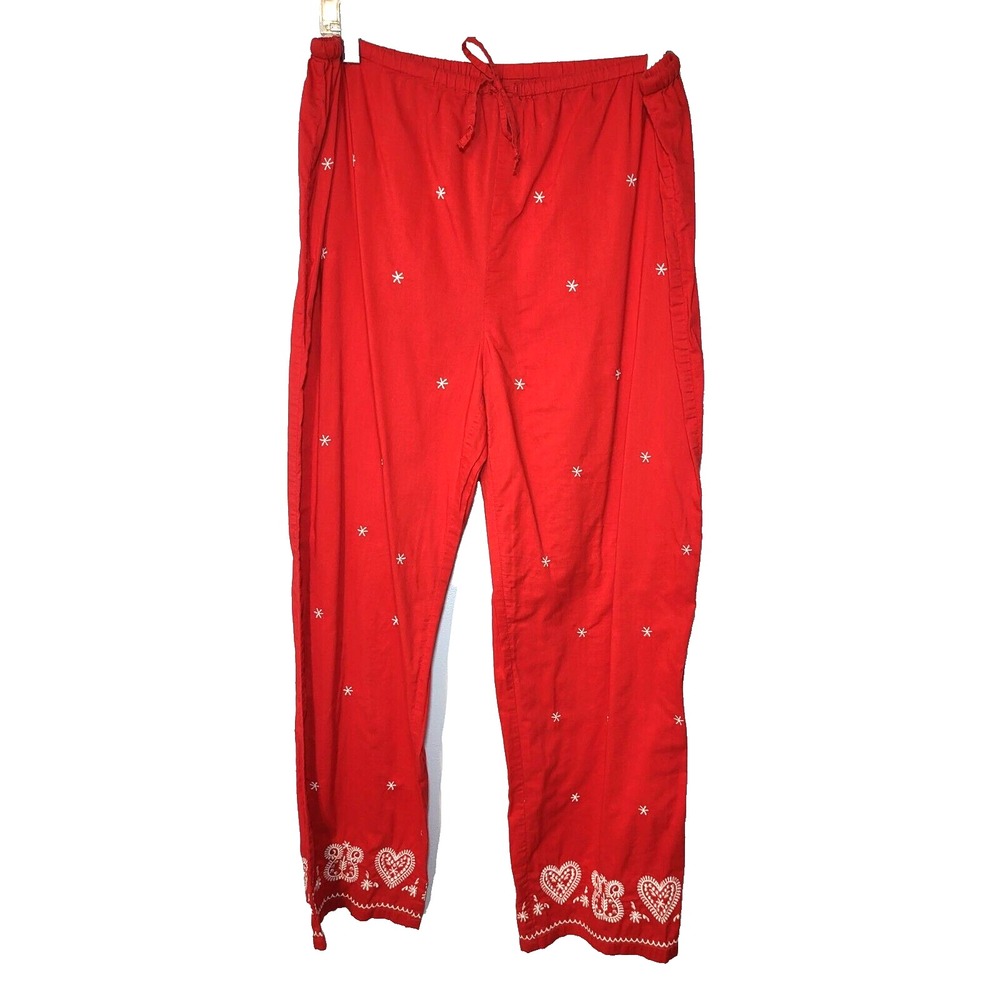 Victoria Secret Red Lounge Pant Holiday White Embroidered  Draw String Waist Med